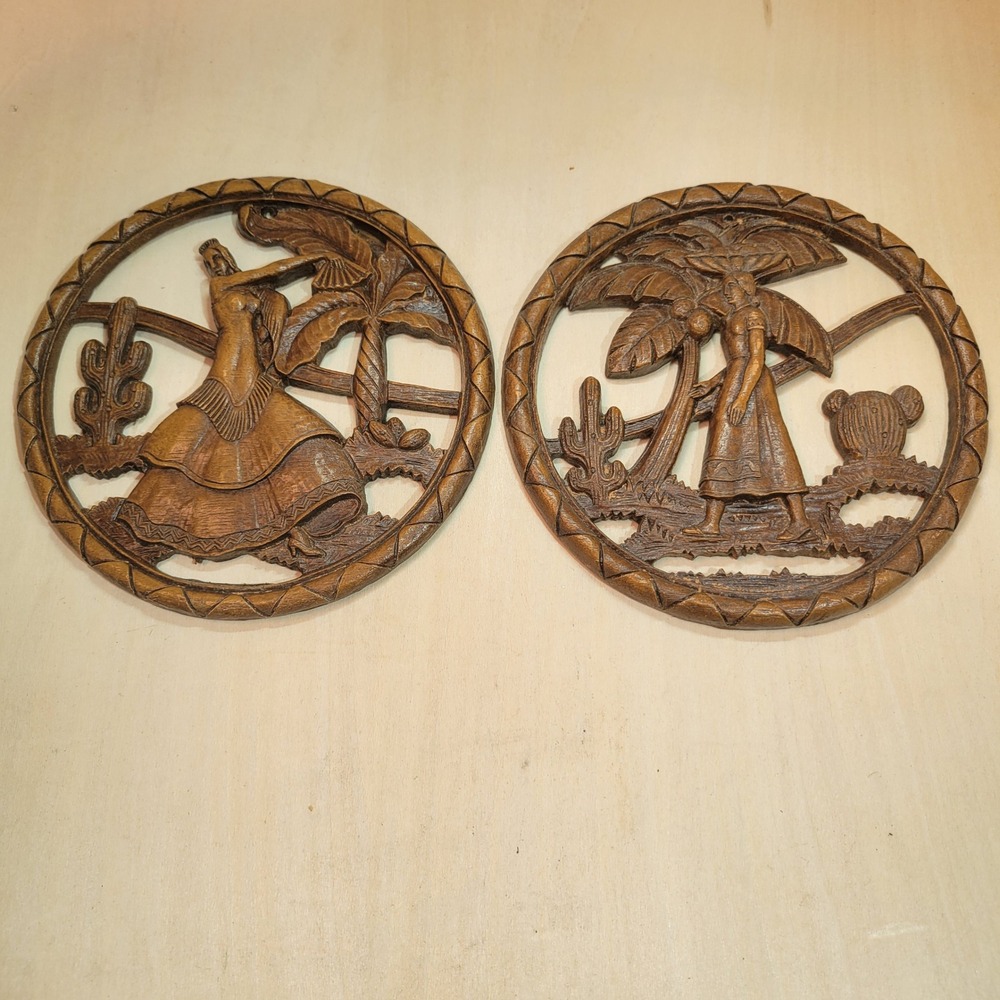 Vintage Syroco Wood Wall Art Set Southwestern‎ Desert Dancers Cacti Palm Trees